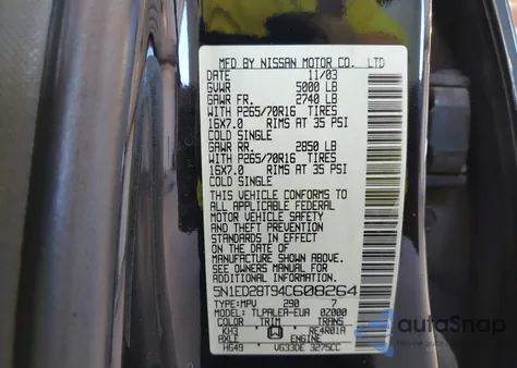 2004 Nissan Xterra Xe z USA, uszkodzony, nr VIN 5N1ED28T94C608264